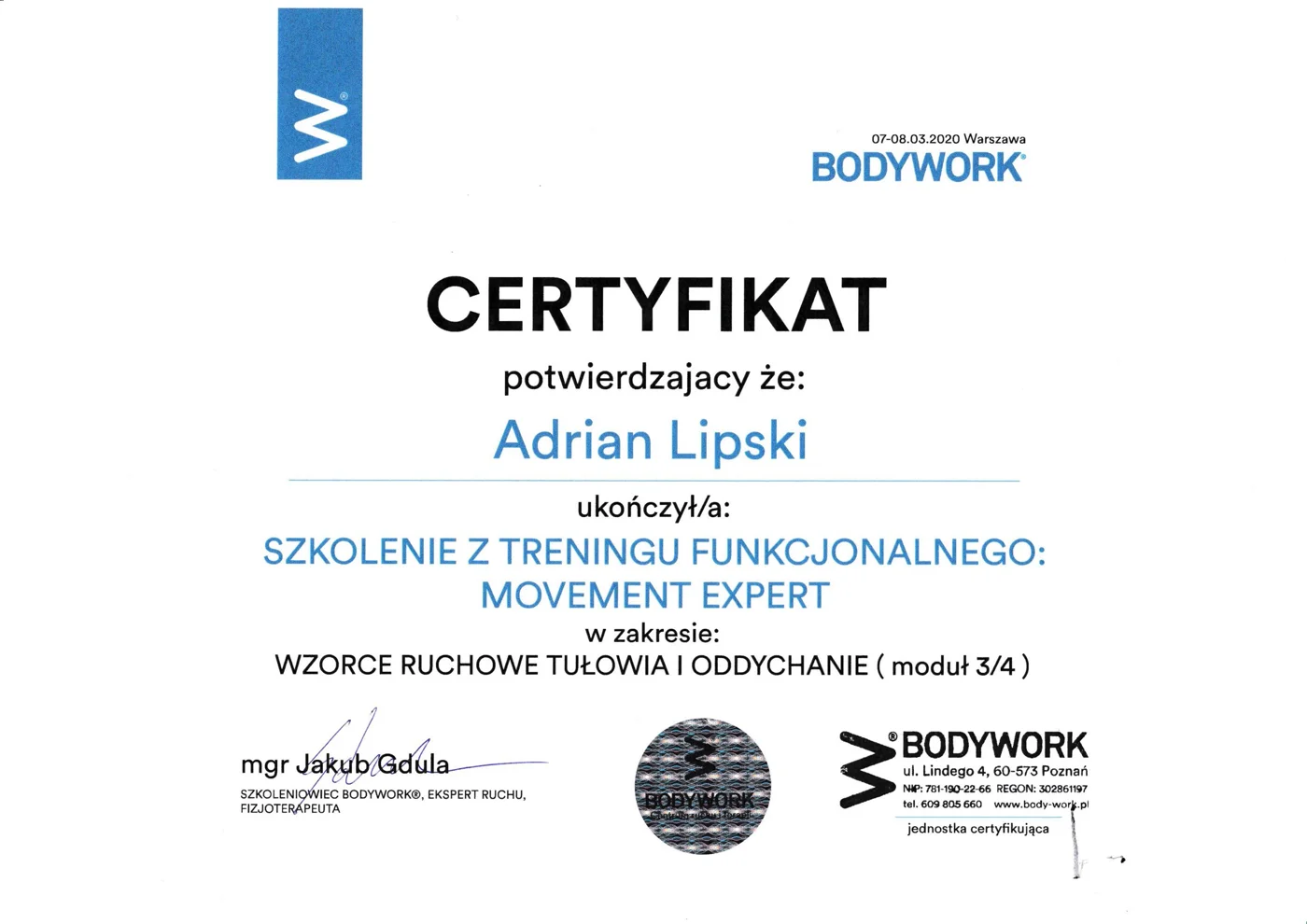 Certyfikat szkolenia Adriana Lipskiego
