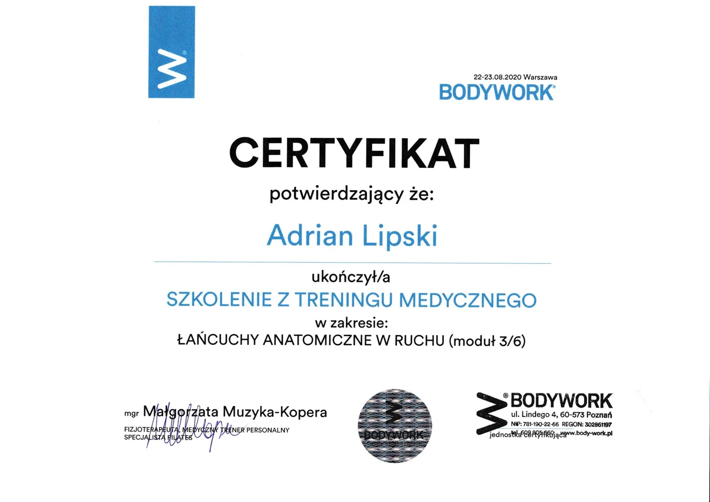Certyfikat szkolenia Adriana Lipskiego