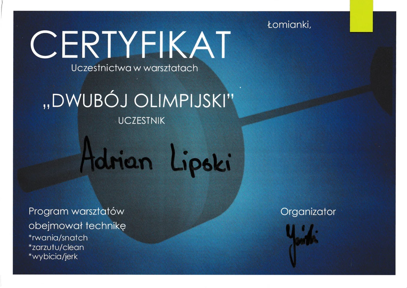 Certyfikat szkolenia Adriana Lipskiego