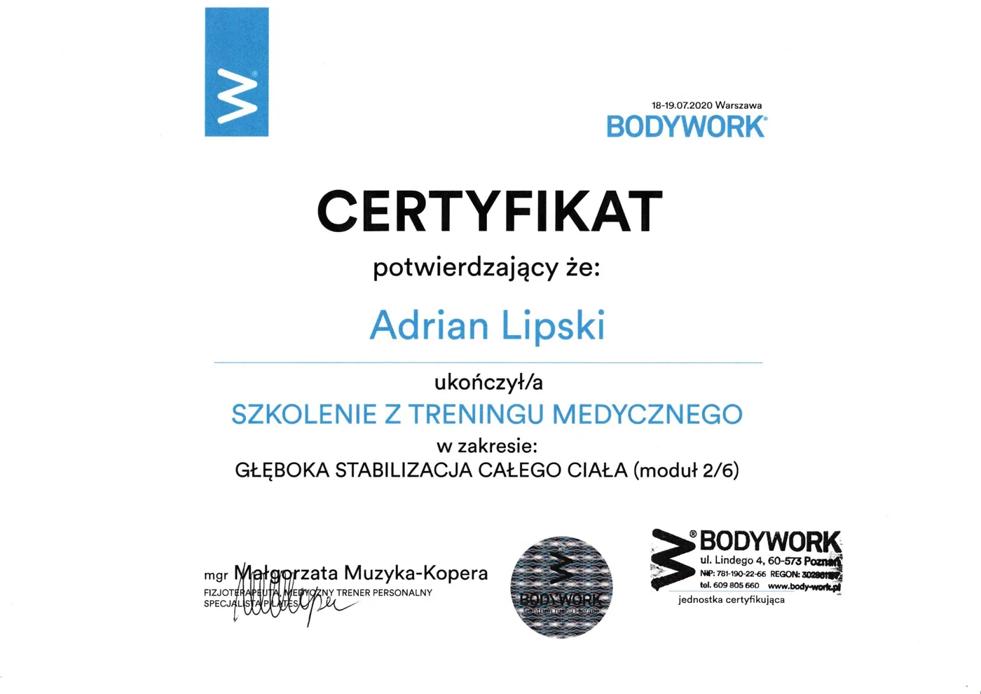 Certyfikat szkolenia Adriana Lipskiego