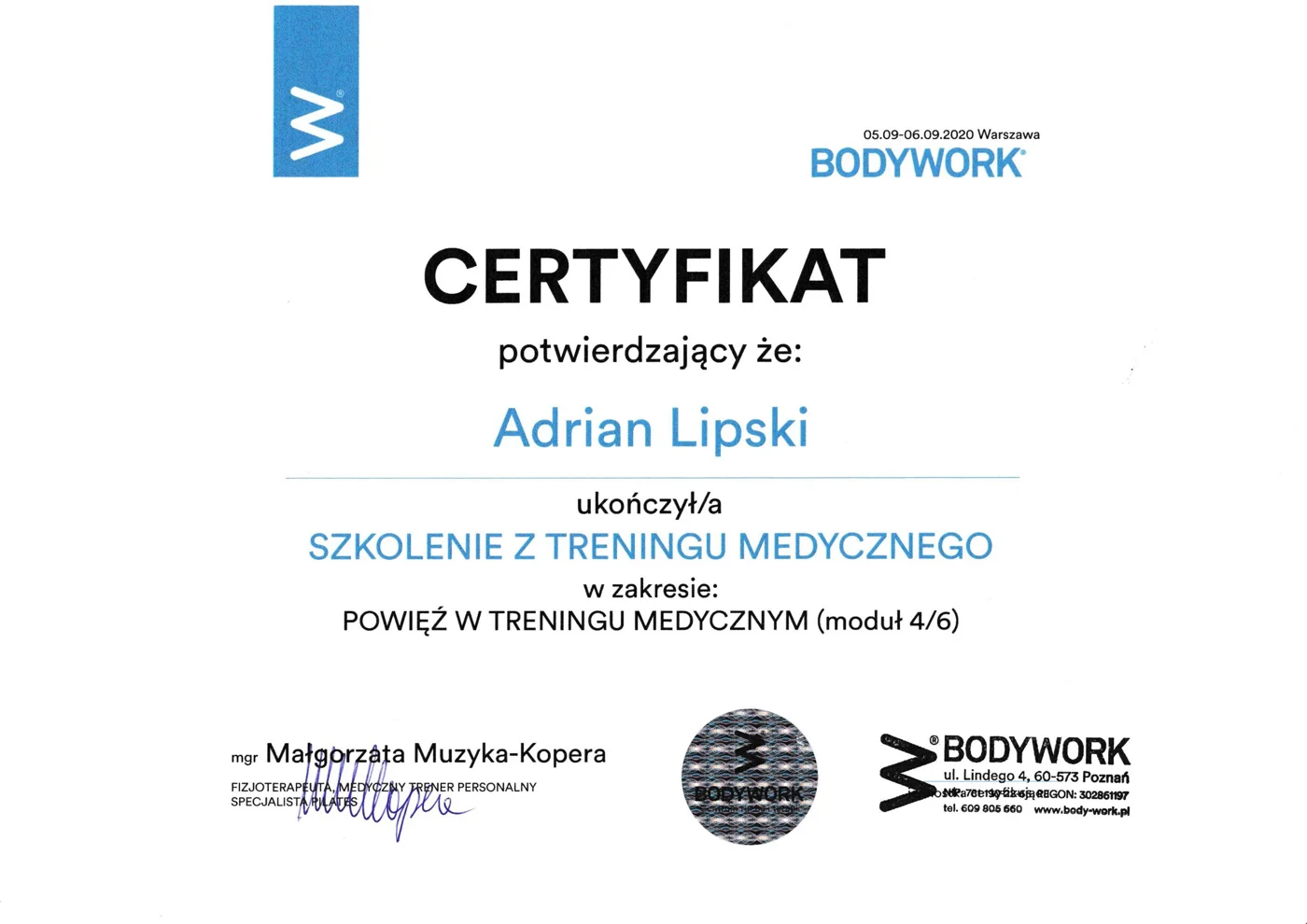 Certyfikat szkolenia Adriana Lipskiego