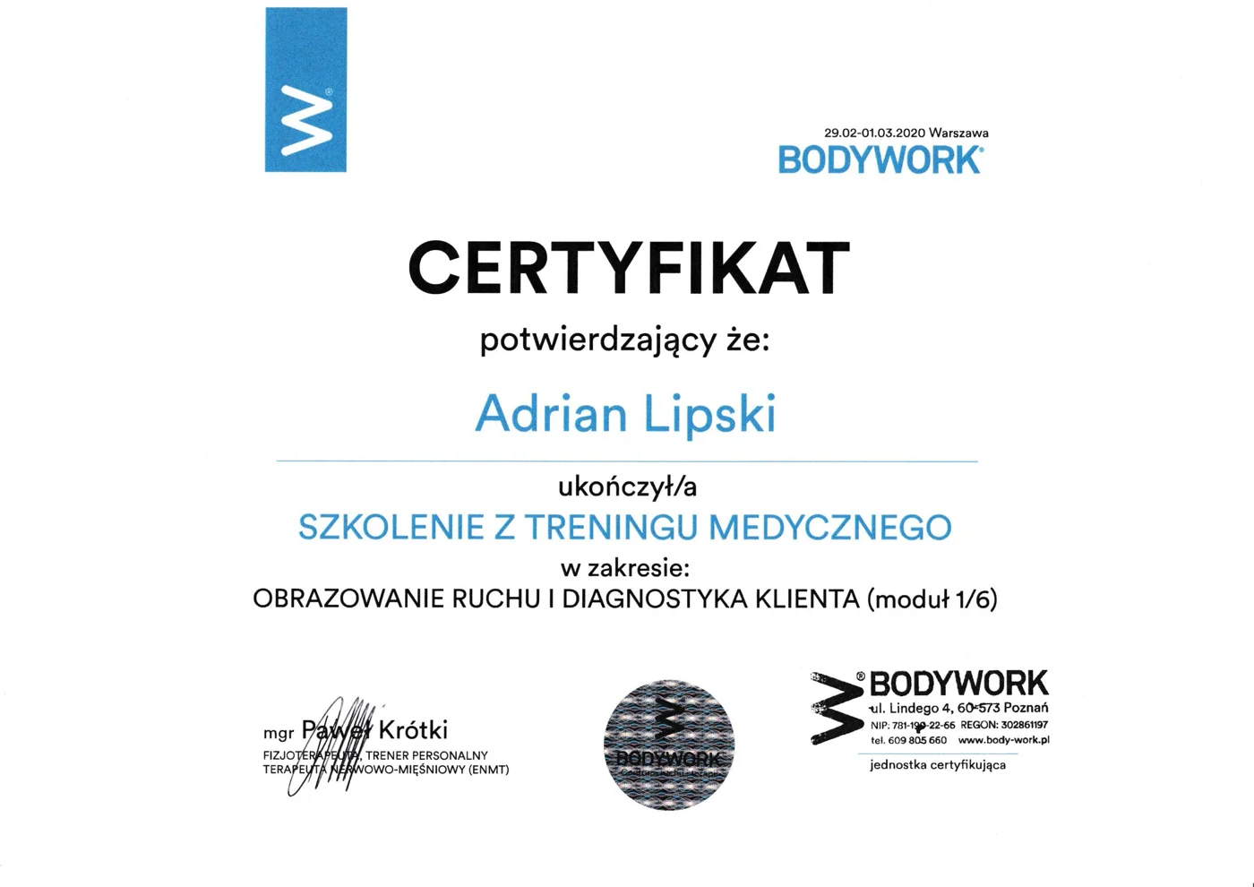 Certyfikat szkolenia Adriana Lipskiego